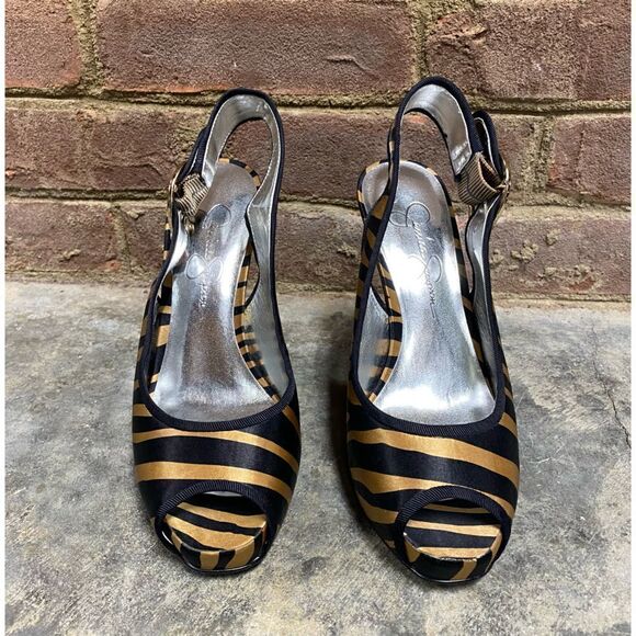 Jessica Simpson Tan & Black Zebra Fabric Sling Back Wedge Size 6 - Picture 3 of 10